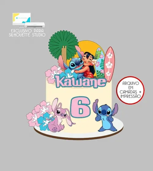 1584 - Arquivo Topo de Bolo Lilo e Stitch Flores