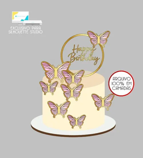 1662 - Arquivo Topo de Bolo Happy Birthday Borboletas
