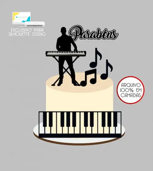 1659 - Arquivo Topo de Bolo Teclado Notas Musicais