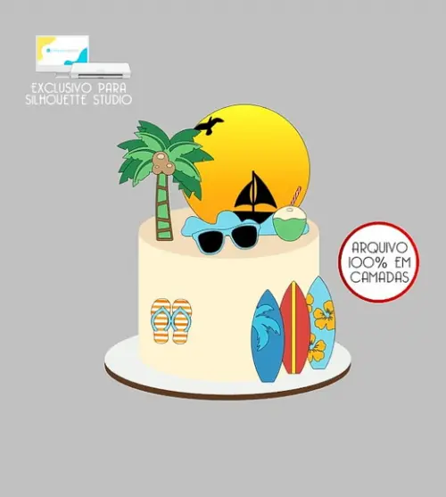 1664 - Arquivo Topo de Bolo Praia Surf