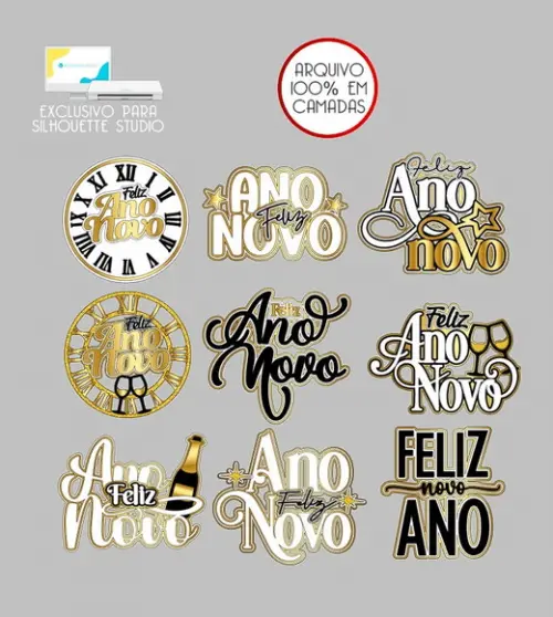 1740 - Arquivo Topo de Bolo Combo 9 Topos Feliz Ano Novo