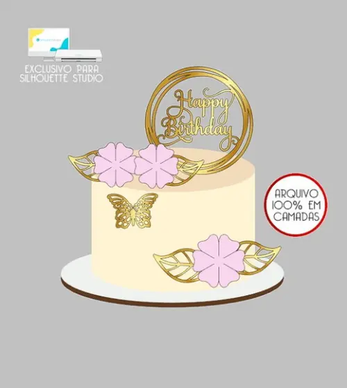 1760 - Arquivo Topo de Bolo Happy Birthday Flores Borboletas