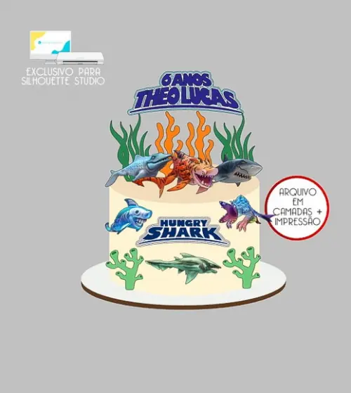 1813 - Arquivo Topo de Bolo Hungry Shark Tubarão