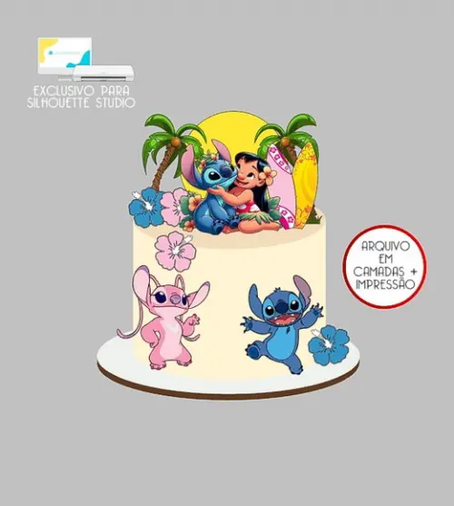 2052 - Arquivo Topo de Bolo Lilo e Stitch Flores