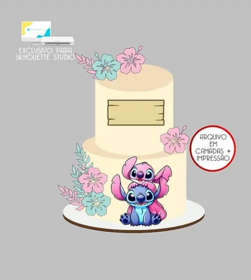 2064 - Arquivo Topo de Bolo Stitch e Angel Flores