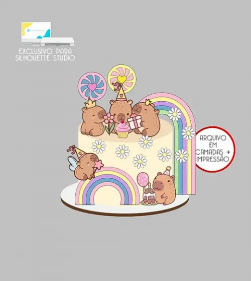 2063 - Arquivo Topo de Bolo Capivara Margaridas Arco-íris