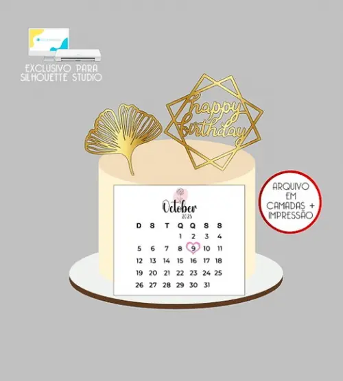 2137 - Arquivo Topo de Bolo Happy Birthday Calendário