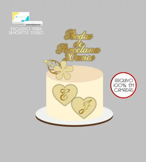 2155 - Arquivo Topo de Bolo Casamento Bodas de Porcelana