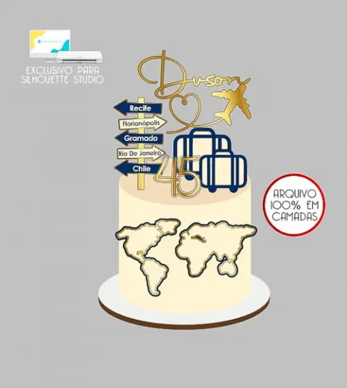 2210 - Arquivo Topo de Bolo Viagem Avião Malas