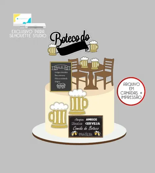 2253 - Arquivo Topo de Bolo Boteco Mesa e Cadeira 3d