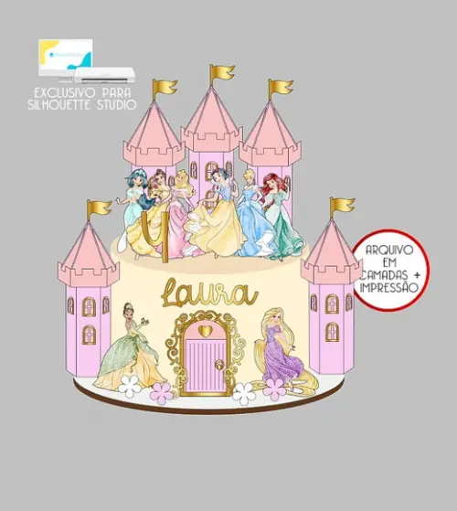 228 - Arquivo Topo de Bolo Princesas Aquarela Castelos
