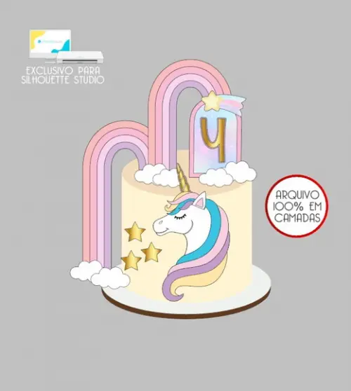 2382 - Arquivo Topo de Bolo Unicórnio Arco-íris