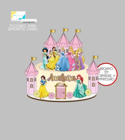 2409 - Arquivo Topo de Bolo Princesas Castelos 3d