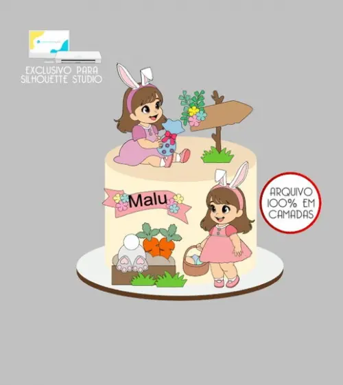 2415 - Arquivo Topo de Bolo Páscoa Menina Coelhinha