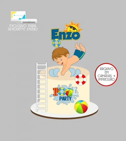 2422 - Arquivo Topo de Bolo Praia Pool Party Menino