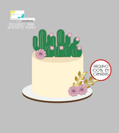 2448 - Arquivo Topo de Bolo Cactos Flores