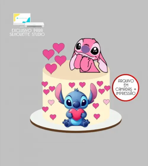 2469 - Arquivo Topo de Bolo Stitch e Angel Corações