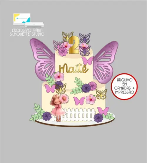 2498 - Arquivo Topo de Bolo Menina Flores e Borboletas
