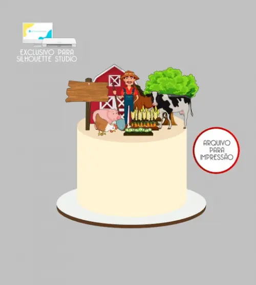 2536 - Arquivo Topo de Bolo Agricultor Animais Fazenda