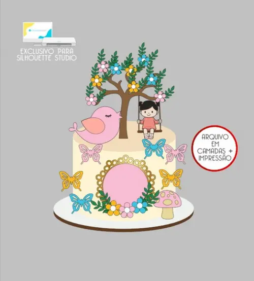 2558 - Arquivo Topo de Bolo Jardim Encantado Menina Balanço
