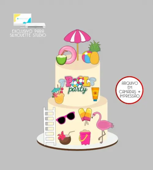 2604 - Arquivo Topo de Bolo Praia Pool Party Flamingo