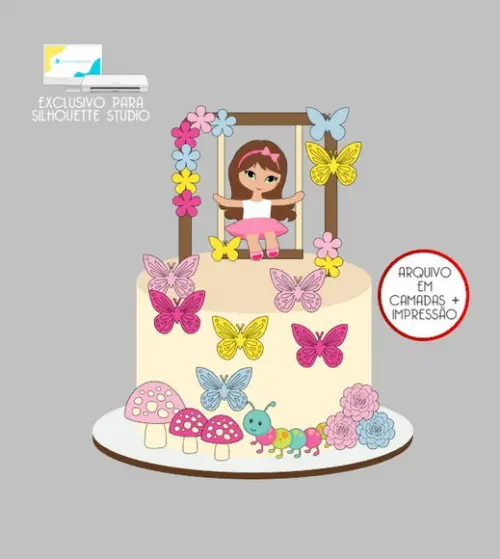 2606 - Arquivo Topo de Bolo Jardim Encantado Menina Balanço