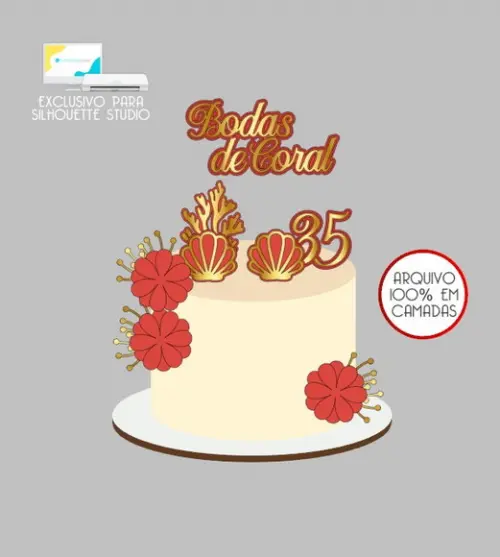 2631 - Arquivo Topo de Bolo Casamento Bodas de Coral