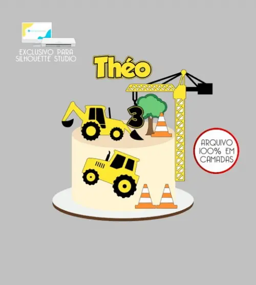 2649 - Arquivo Topo de Bolo Trator Escavadeira Construção