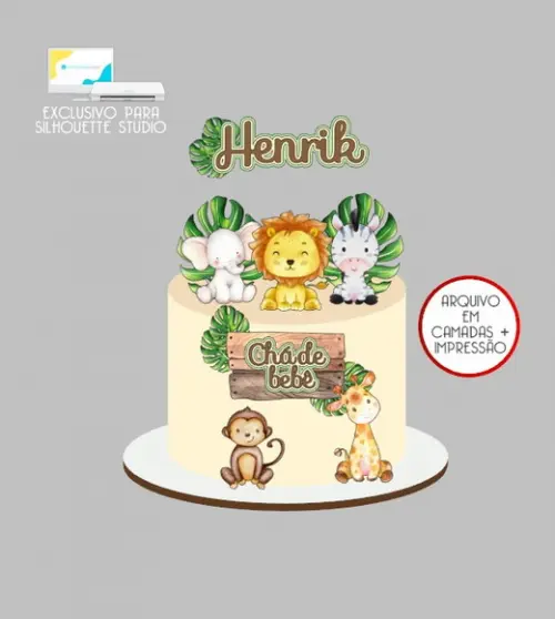 2665 - Arquivo Topo de Bolo Safari Aquarela