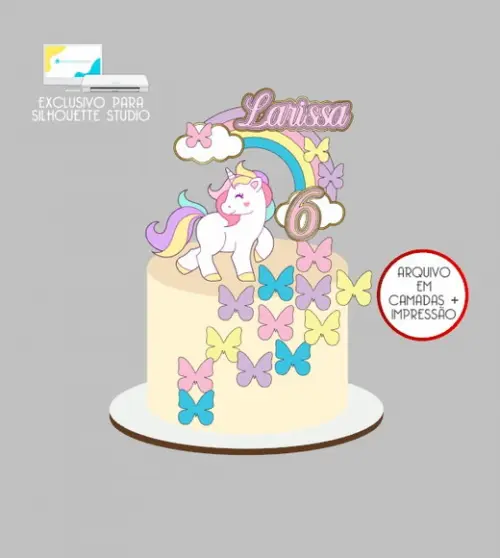 2663 - Arquivo Topo de Bolo Unicórnio Borboletas