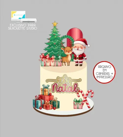 2682 - Arquivo Topo de Bolo Natal Papai Noel Rena