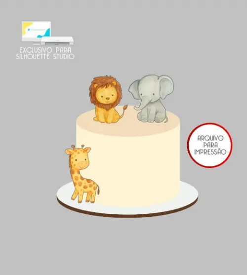 2699 - Arquivo Topo de Bolo Safari Leão Elefante Girafa