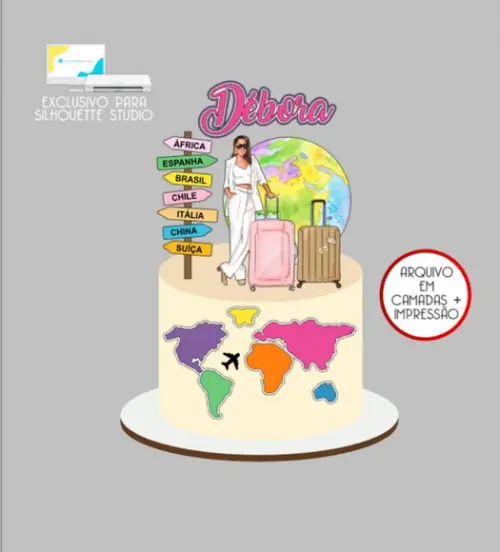 2758 - Arquivo Topo de Bolo Viagem Turista Mulher