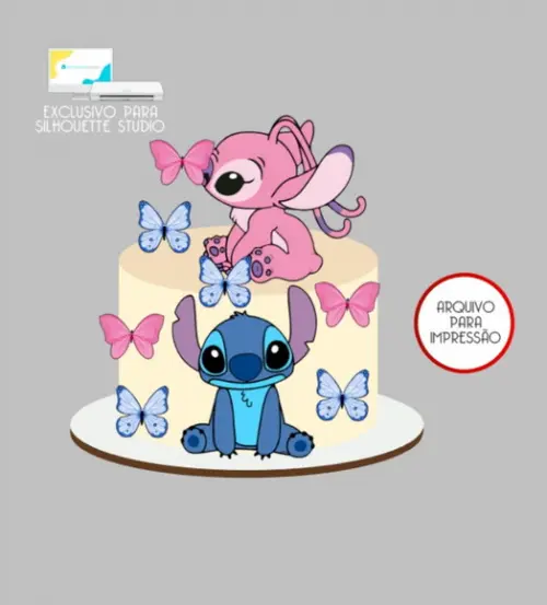 2810 - Arquivo Topo de Bolo Stitch e Angel Borboletas