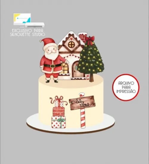 2817 - Arquivo Topo de Bolo Natal Papai Noel Aquarela
