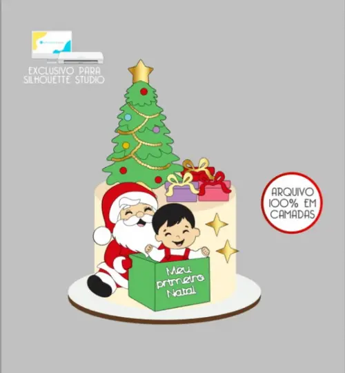 2856 - Arquivo Topo de Bolo Meu 1° Natal Menino e Papai Noel