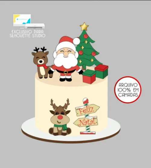 2879 - Arquivo Topo de Bolo Natal Papai Noel Rena