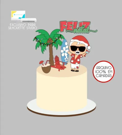 2924 - Arquivo Topo de Bolo Natal Papai Noel na Praia