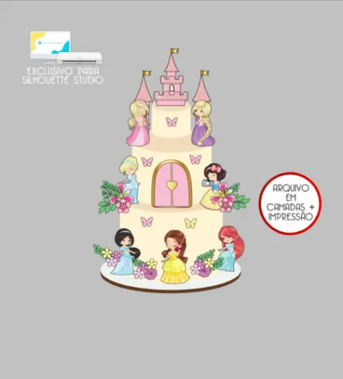 2958 - Arquivo Topo de Bolo Princesas Baby Aquarela Castelo