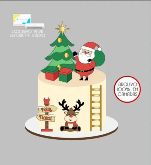 2968 - Arquivo Topo de Bolo Natal Papai Noel Rena