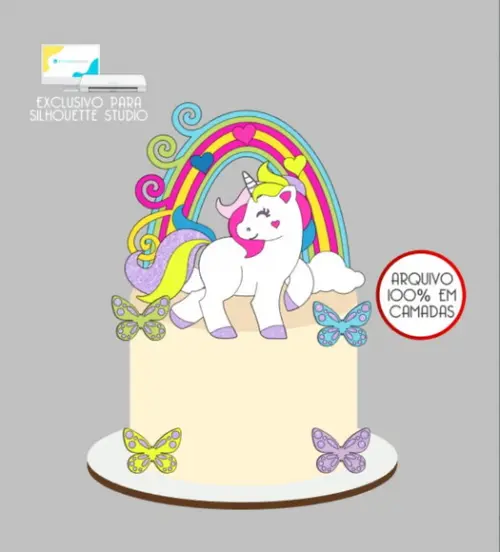 2994 - Arquivo Topo de Bolo Unicórnio Borboletas