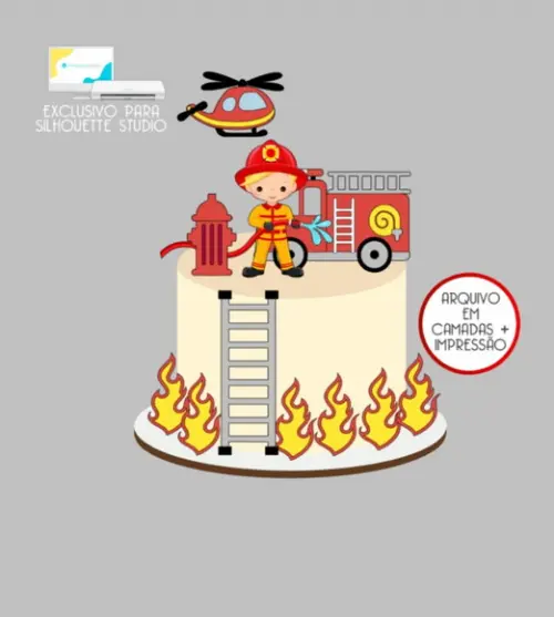 3036 - Arquivo Topo de Bolo Bombeiro Menino