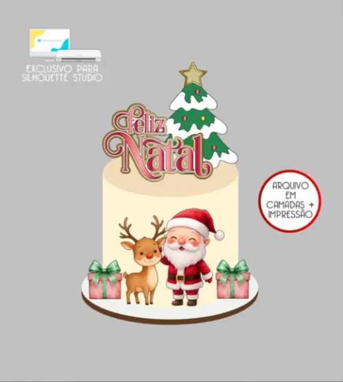 3041 - Arquivo Topo de Bolo Natal Papai Noel Rena