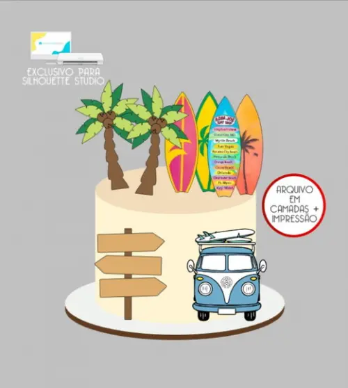 3073 - Arquivo Topo de Bolo Praia Surf Kombi