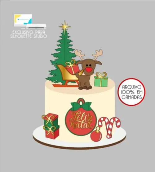 3084 - Arquivo Topo de Bolo Natal Rena Trenó