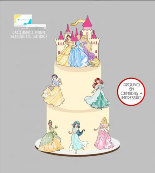 3105 - Arquivo Topo de Bolo Princesas Disney Aquarela