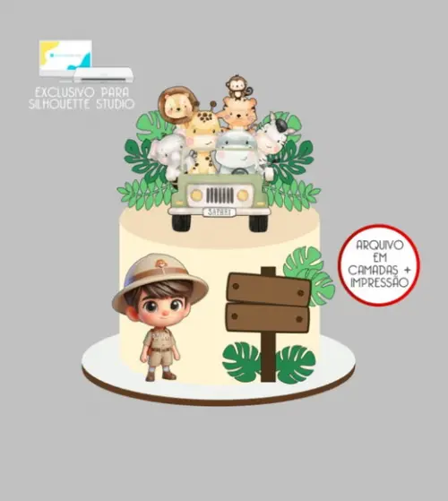 3180 - Arquivo Topo de Bolo Safari Aquarela Menino