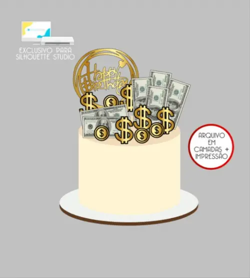 3183 - Arquivo Topo de Bolo Dinheiro Moedas Dólar