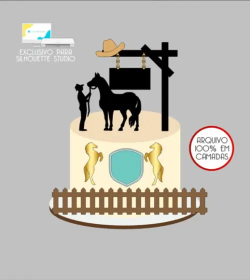 3336 - Arquivo Topo de Bolo Vaqueiro Cavalo Fazenda