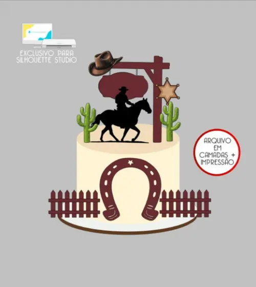 3416 - Arquivo Topo de Bolo Vaqueiro Cavalo Fazenda